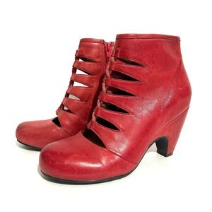 Miz Mooz Throne Booties Red Genuine Leather Lace Up Front Cut Out Low Heel 6